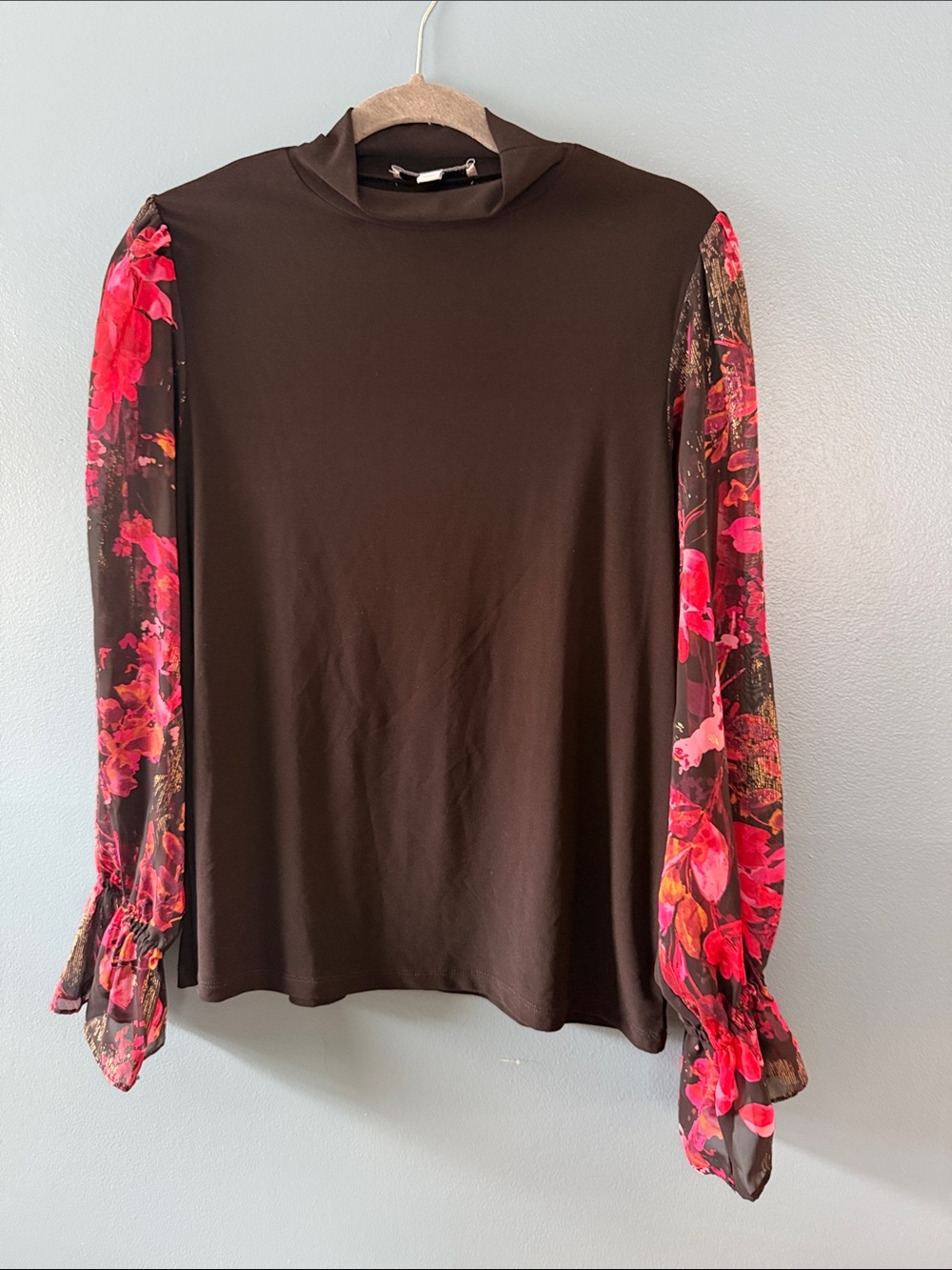 Black Mock-Neck Top with Pink Floral Sheer Sleeves